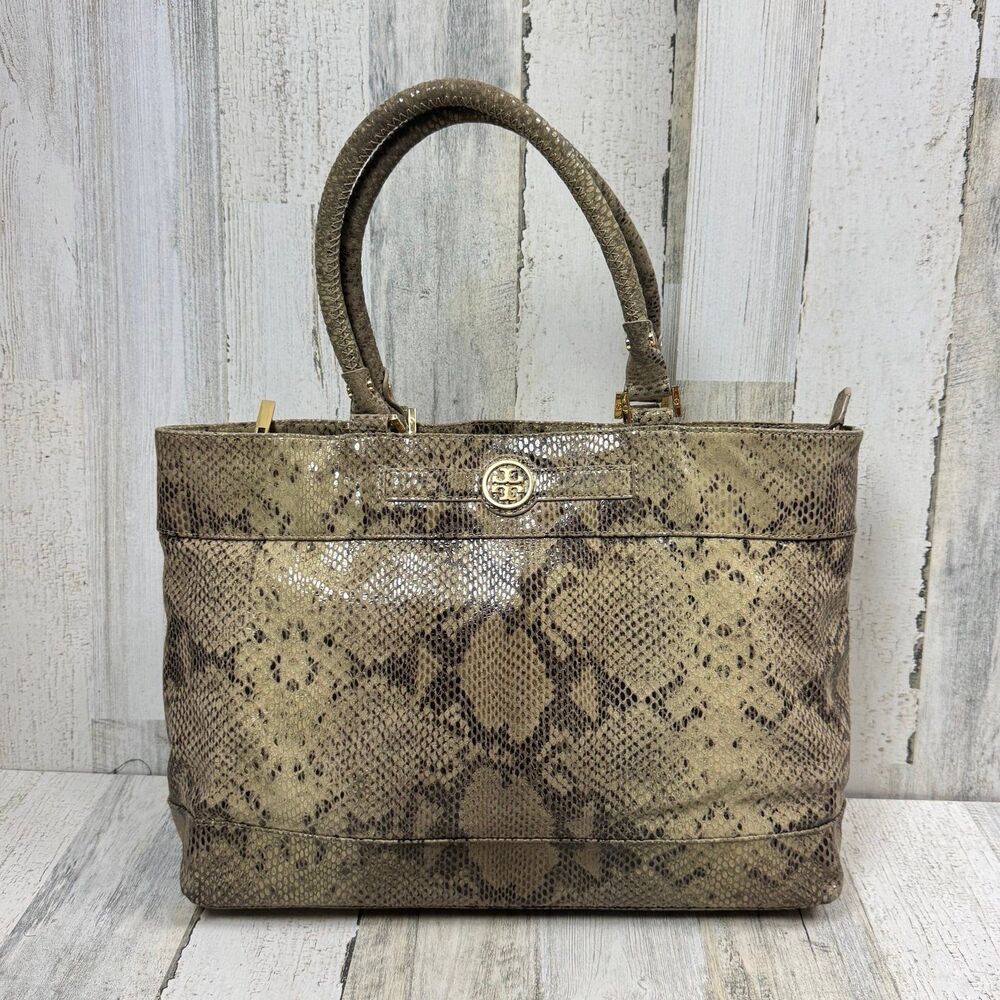 Tory Burch Gray Python Embosed And Black Structur… - image 1